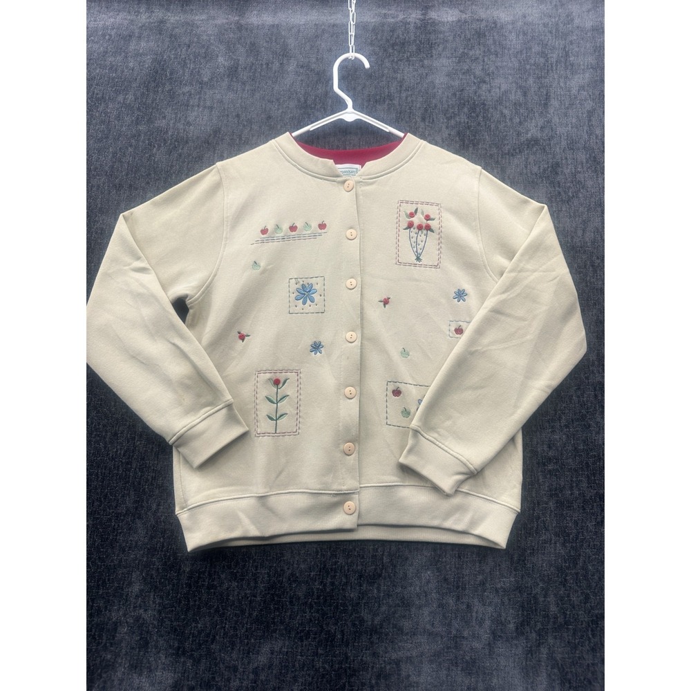 Shenanigans Sweatshirt Womens Large Beige Floral Embroidered Lined Button Front